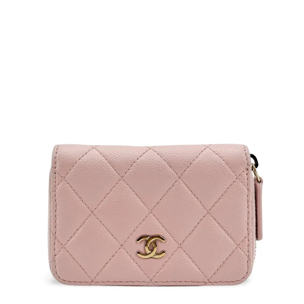 Chanel Classic Flap Card Holder with Zip Pink Grained Calfskin Gold Hardware Gold Leather Good - Front View