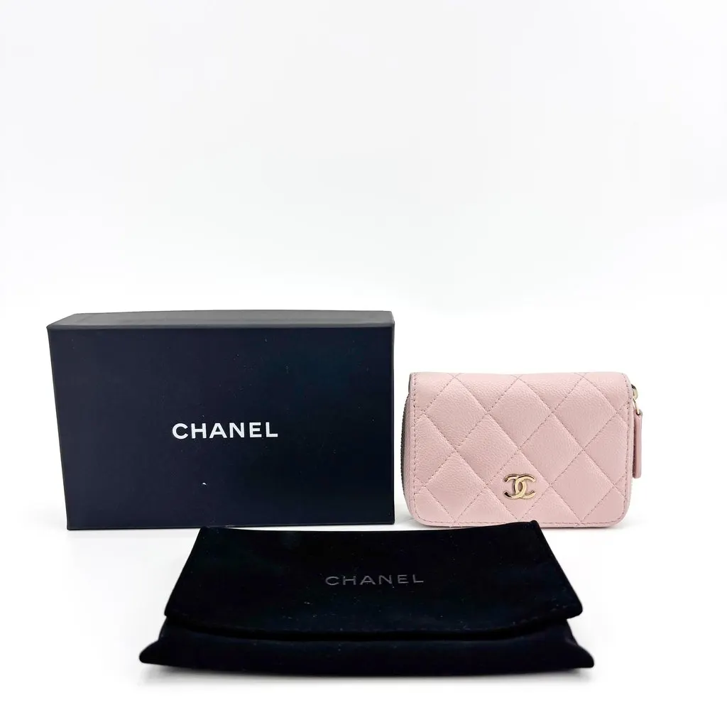 Chanel Classic Flap Card Holder with Zip Pink Grained Calfskin Gold Hardware Gold Leather Good - Back View