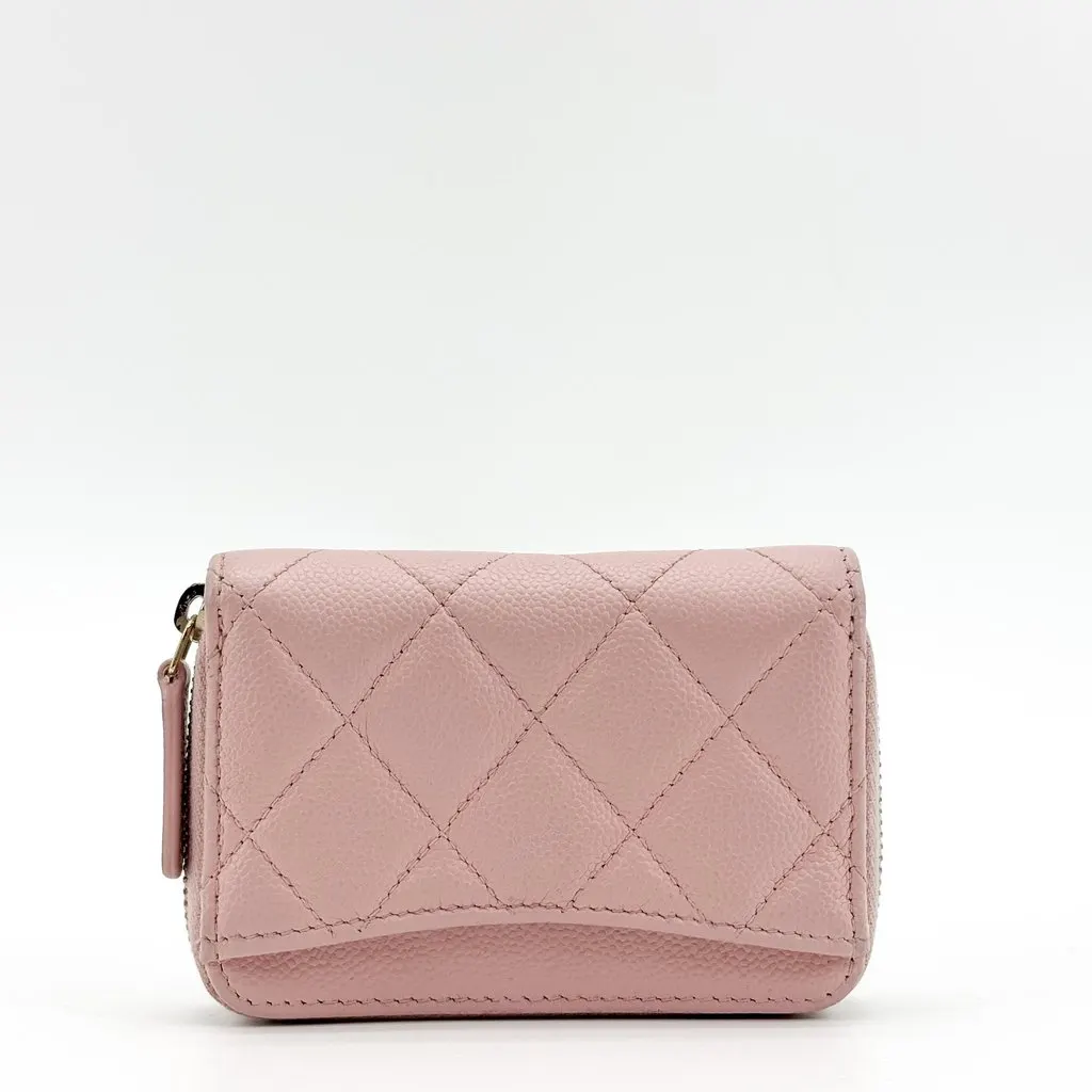 Chanel Classic Flap Card Holder with Zip Pink Grained Calfskin Gold Hardware Gold Leather Good - Inside View