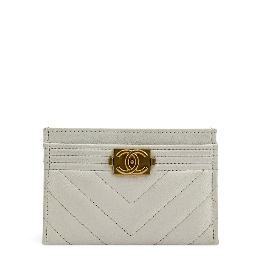 Chanel Boy Chevron Card Holder White Caviar Gold Hardware Gold Leather Good - Front View