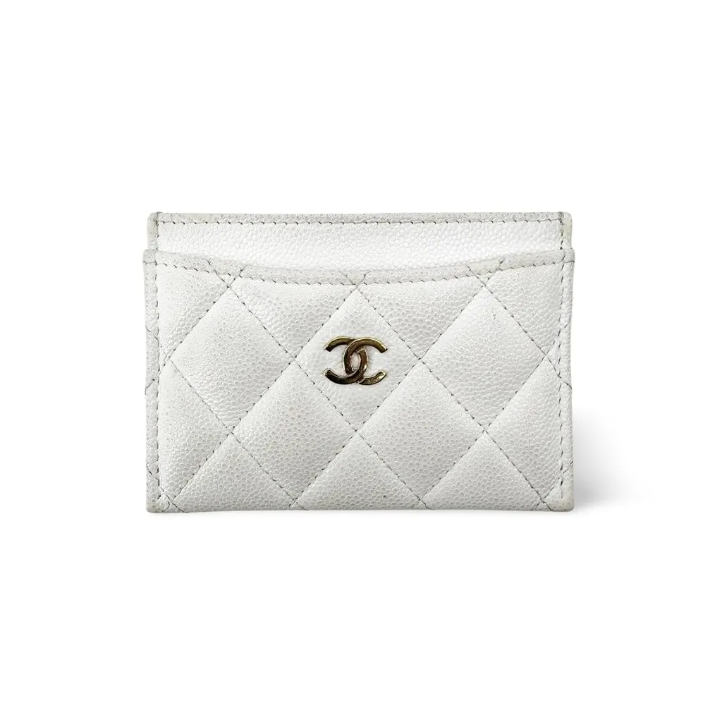 Chanel Classic Card Holder Grained Calfskin Gold-Tone Metal White White Leather Good - Front View