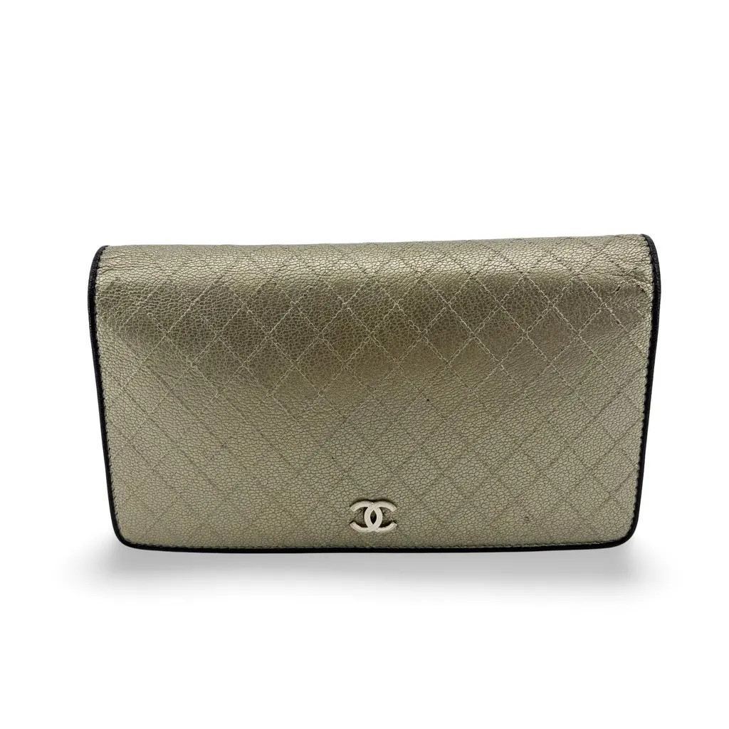 Chanel Metallic Quilted Leather Flap Long Wallet in Gold Gold Leather Good - Front View