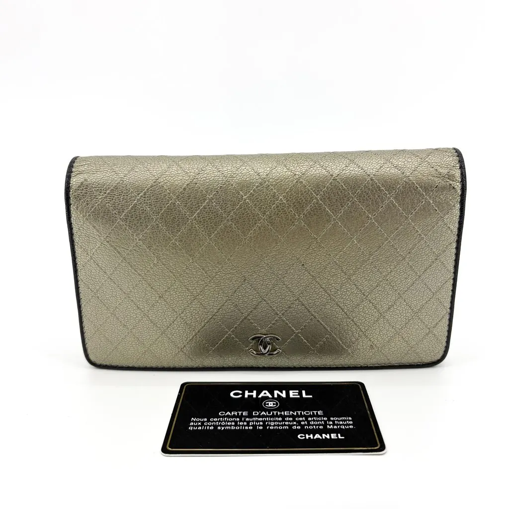 Chanel Metallic Quilted Leather Flap Long Wallet in Gold Gold Leather Good - Back View