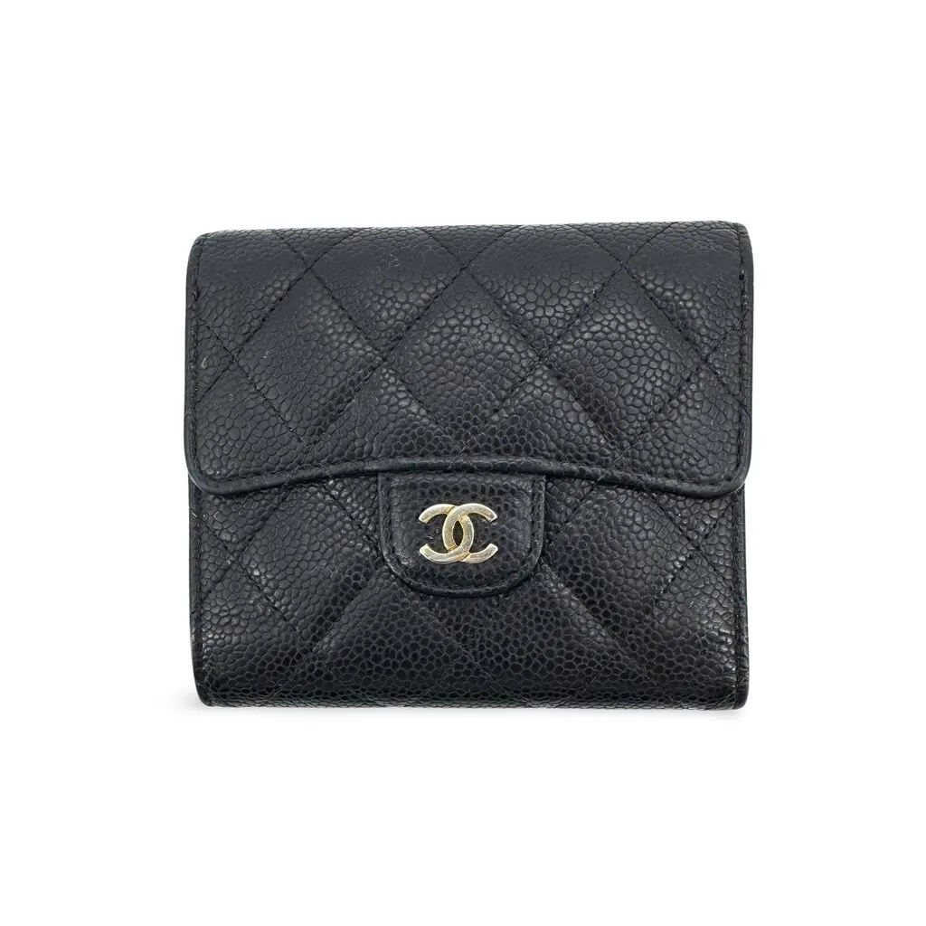 Chanel Classic Small Flap Wallet Caviar Black Gold Black Leather Good - Front View