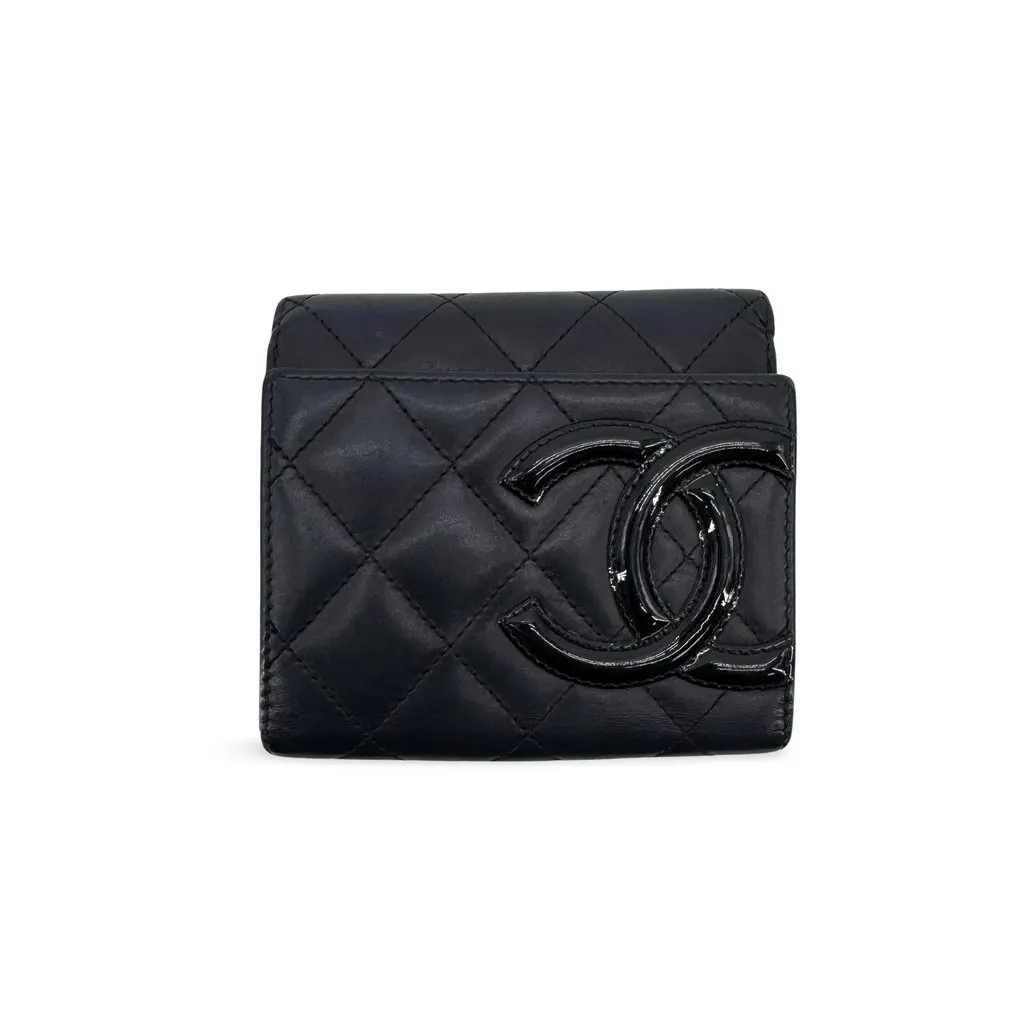 Chanel Cambon Ligne Tri-Fold Wallet Black Patent Black Leather Good - Front View