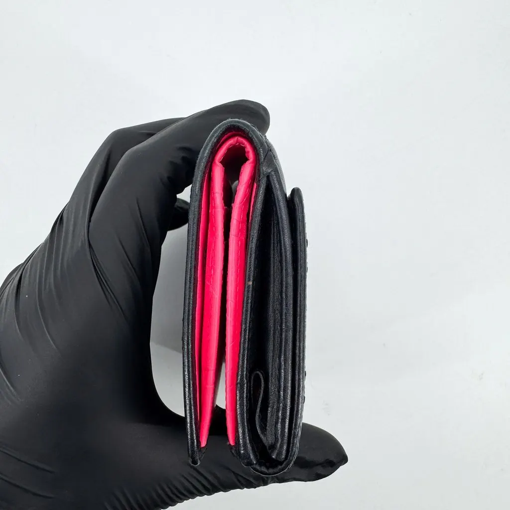 Chanel Cambon Ligne Tri-Fold Wallet Black Patent Black Leather Good - Model View