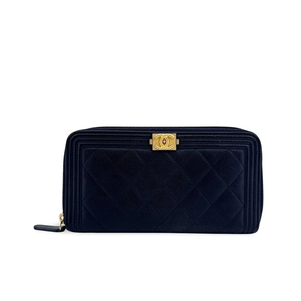 Chanel Boy Chanel Zip Around Long Wallet Caviar Gold Hardware Black Black Leather Good - Front View