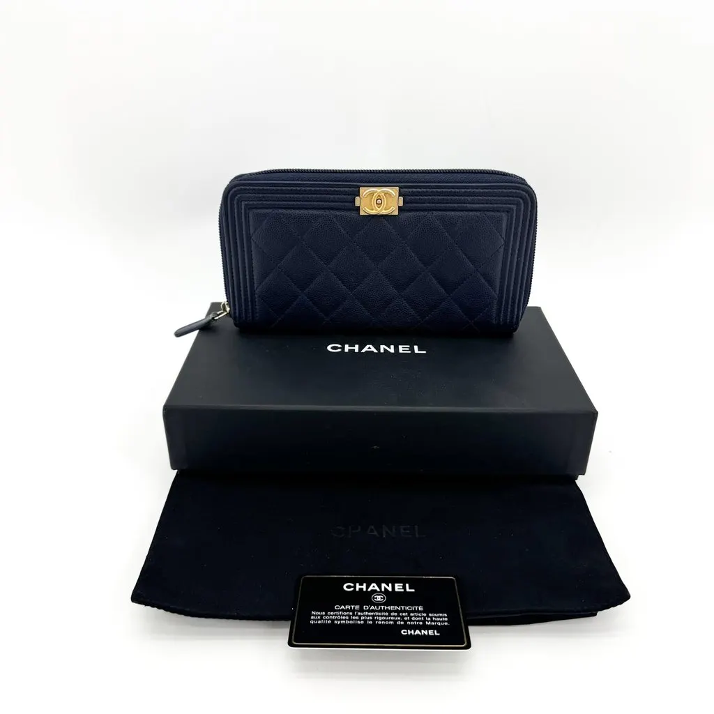 Chanel Boy Chanel Zip Around Long Wallet Caviar Gold Hardware Black Black Leather Good - Back View