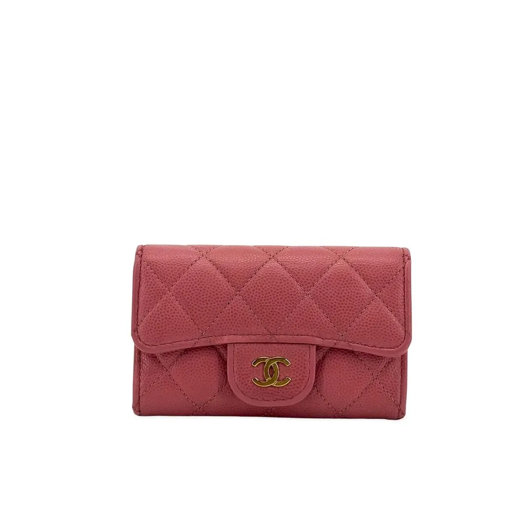 Chanel Classic Flap Card Holder Caviar Pink Gold Hardware