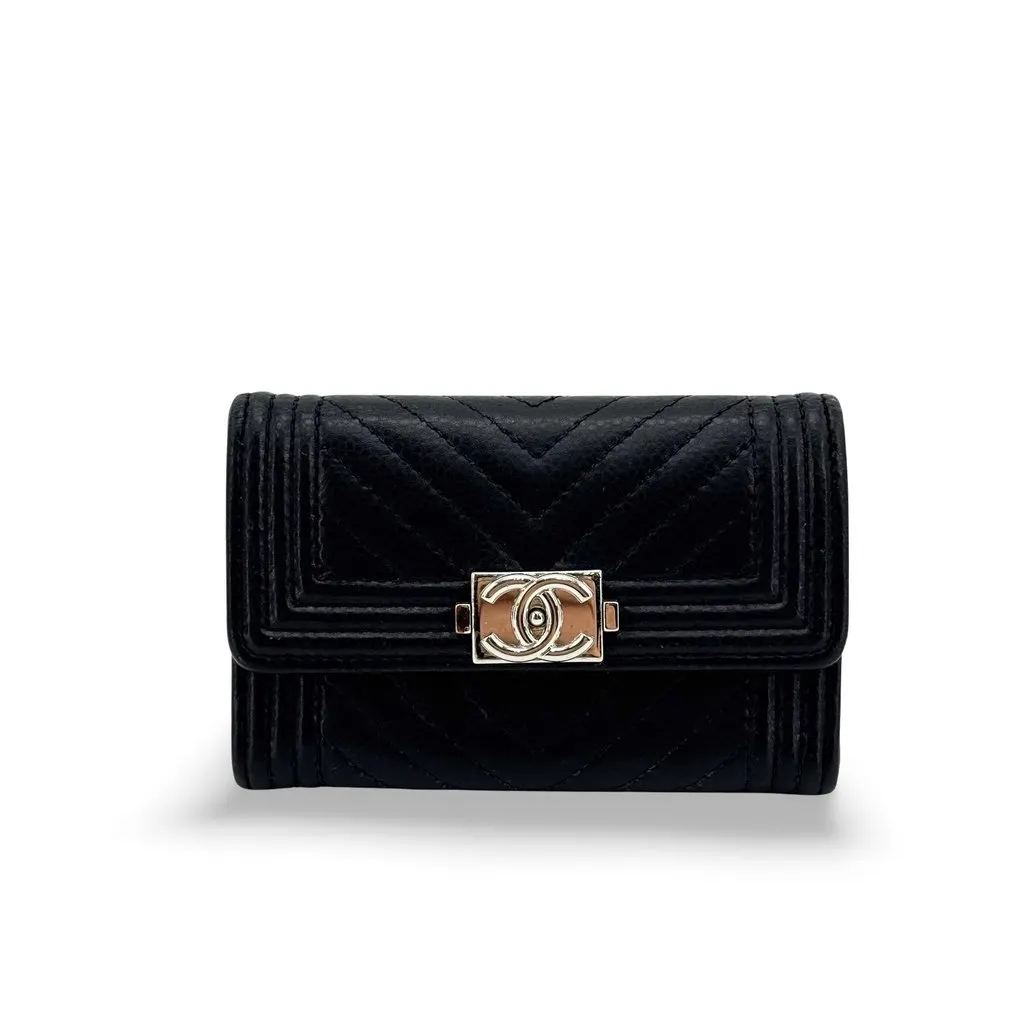 Chanel Boy Chanel Chevron Flap Card Holder Black Black Leather Very good - Front View