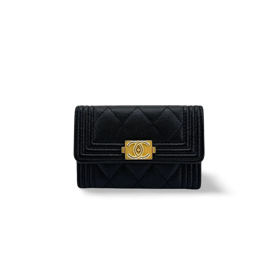 Chanel Boy Chanel Flap Card Holder Caviar Gold Hardware Black Black Leather Good - Front View
