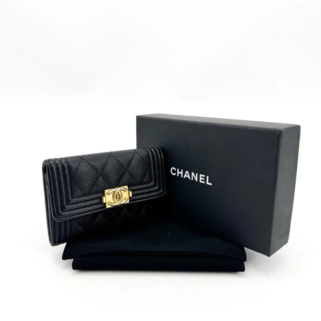 Chanel Boy Chanel Flap Card Holder Caviar Gold Hardware Black Black Leather Good - Back View