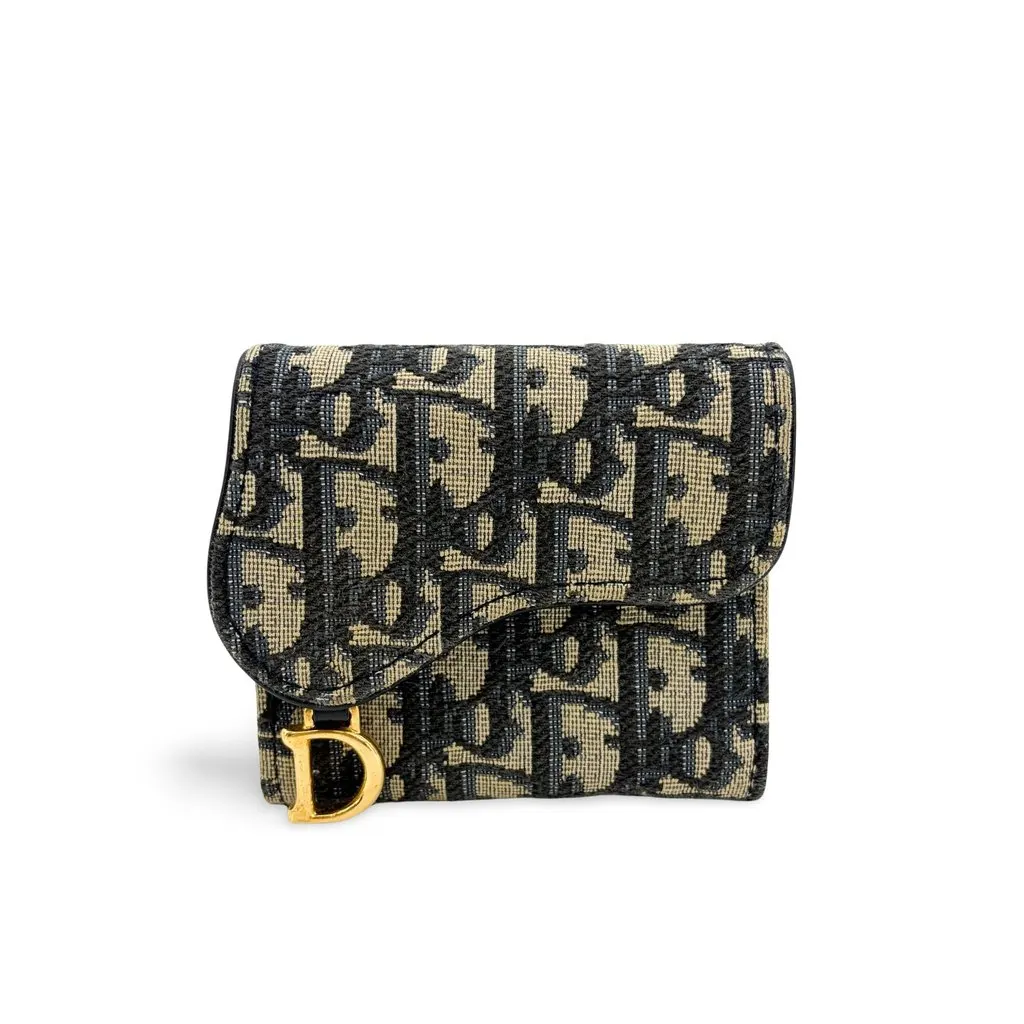 Dior Saddle Lotus Wallet Blue Oblique Jacquard Beige Jacquard Fair - Front View
