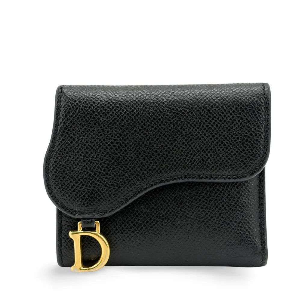 Dior Saddle Lotus Wallet Black Gold Hardware Black Leather Good - Front View