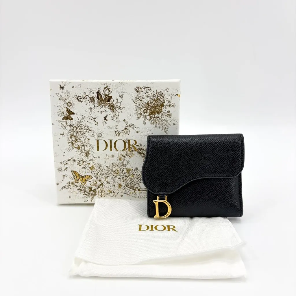 Dior Saddle Lotus Wallet Black Gold Hardware Black Leather Good - Back View