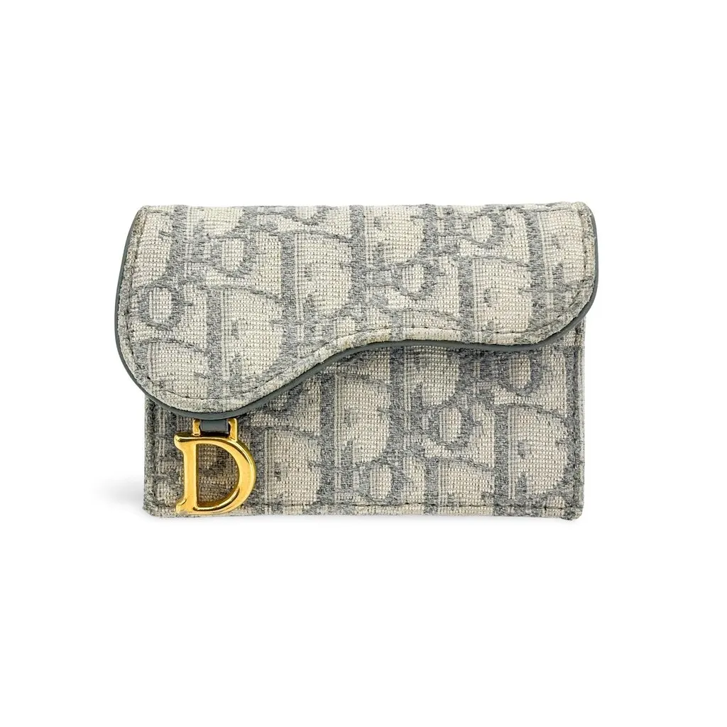 Dior Saddle Lotus Wallet Grey Oblique Jacquard Gold Jacquard Good - Front View