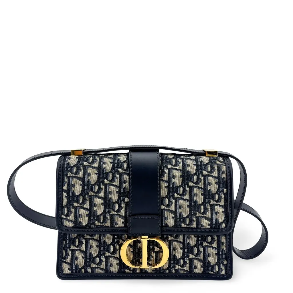 Dior 30 Montaigne Bag Blue Oblique Jacquard Beige Jacquard Good - Front View