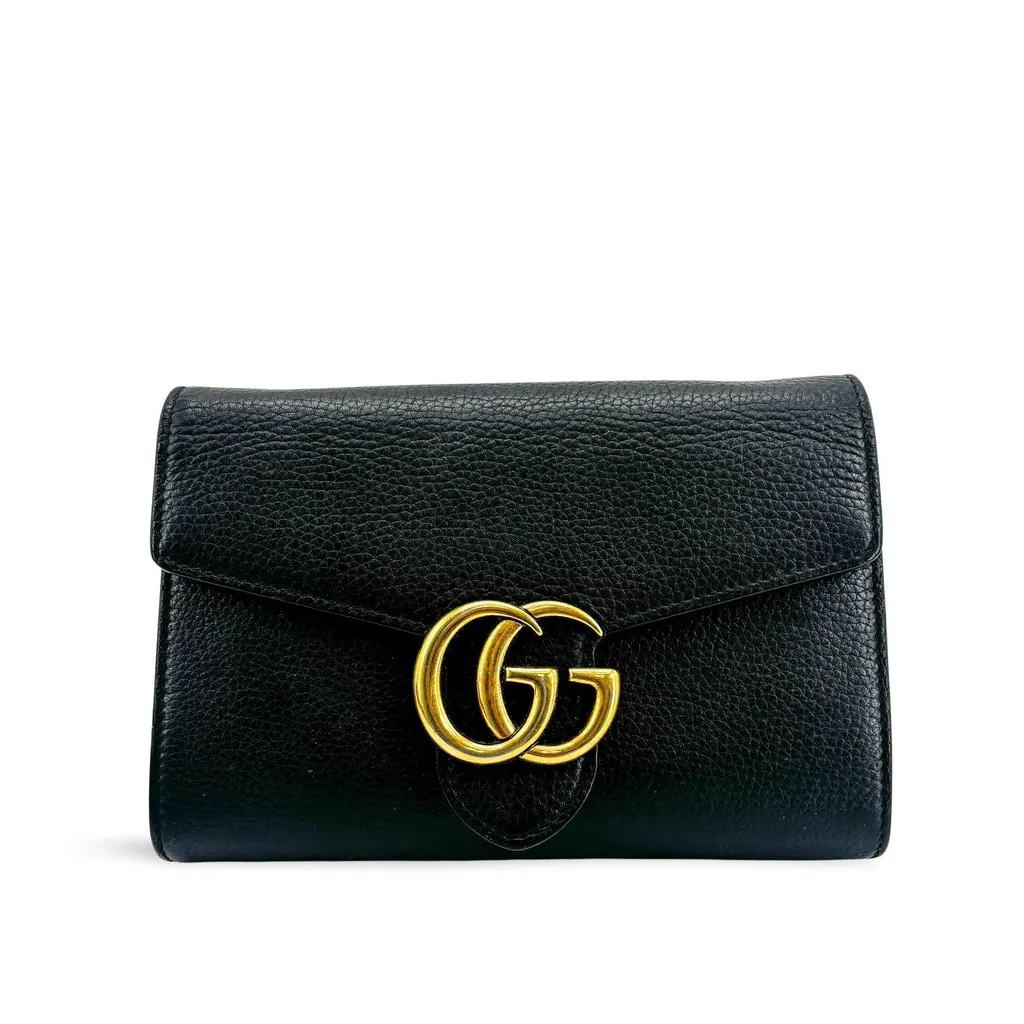 Gucci GG Marmont Textured Leather Chain Wallet Black Black Leather Good - Front View