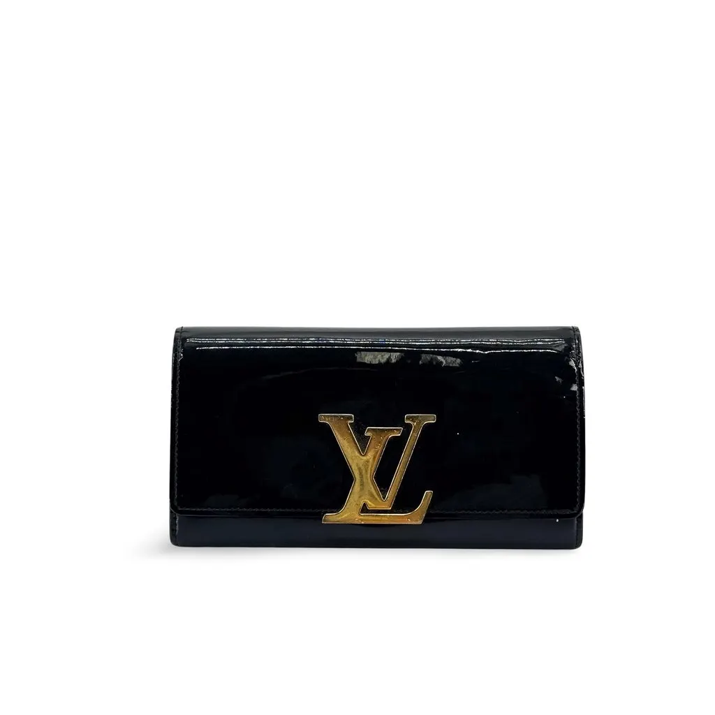 Louis Vuitton Louise Long Wallet Patent Black Gold Black Leather Good - Front View