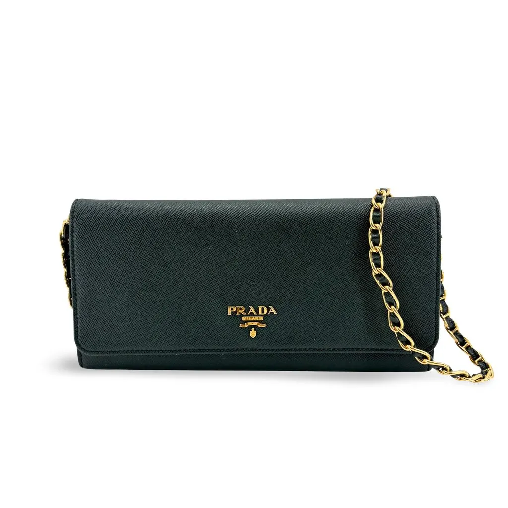 Prada Saffiano Chain Shoulder Bag Black Black Leather Good - Front View