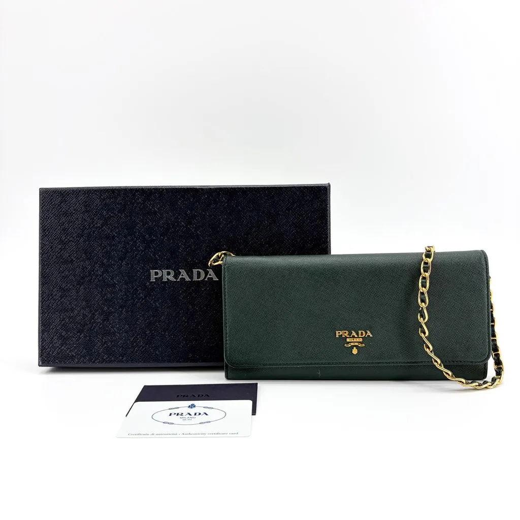 Prada Saffiano Chain Shoulder Bag Black Black Leather Good - Back View