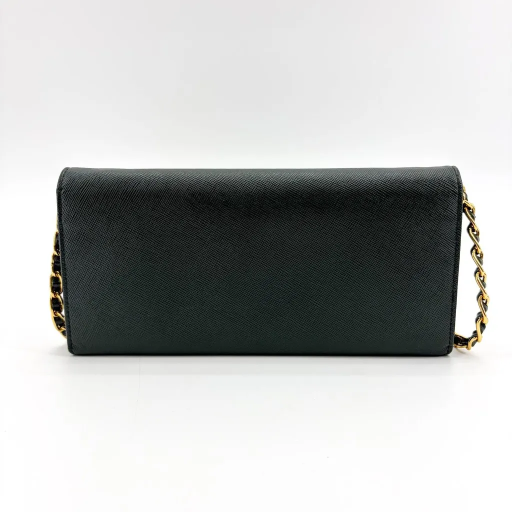 Prada Saffiano Chain Shoulder Bag Black Black Leather Good - Inside View
