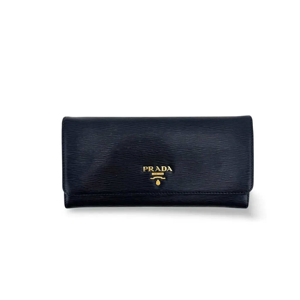 Prada Vitello Move Long Flap Wallet Black Black Leather Very good - Front View