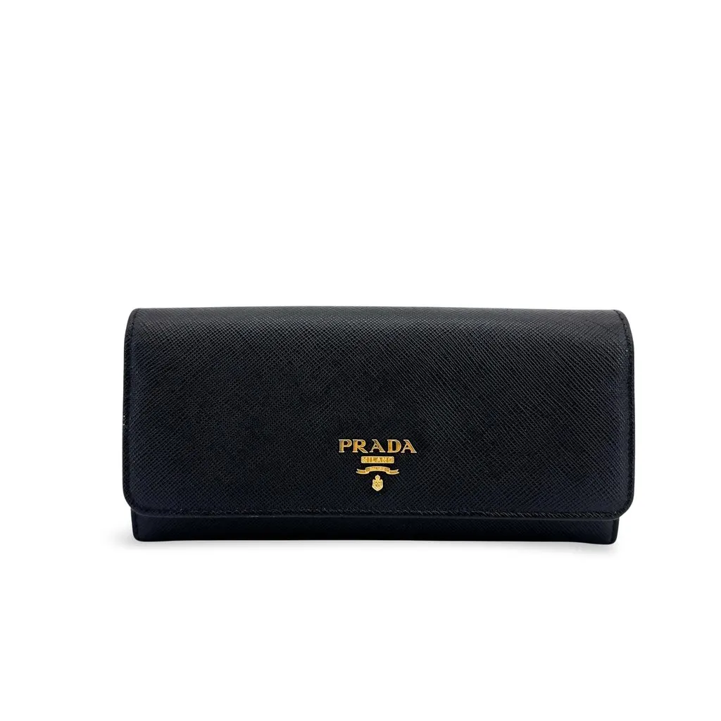 Prada Saffiano Metal Logo Long Flap Wallet Black Black Leather Very good - Front View