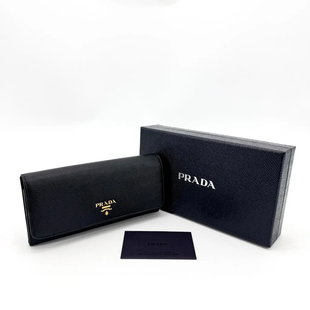Prada Saffiano Metal Logo Long Flap Wallet Black Black Leather Very good - Back View