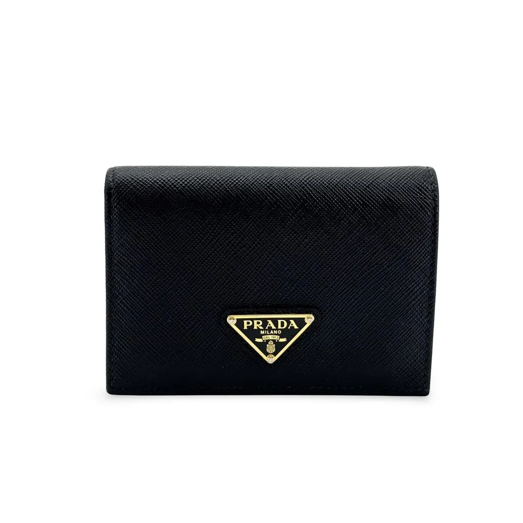Prada Saffiano Triangle Logo Small Wallet Black Gold Black Leather Very good - Front View