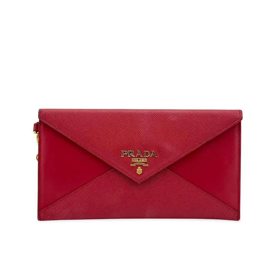 Prada Saffiano Envelope Long Wallet Red Gold Red Leather Good - Front View