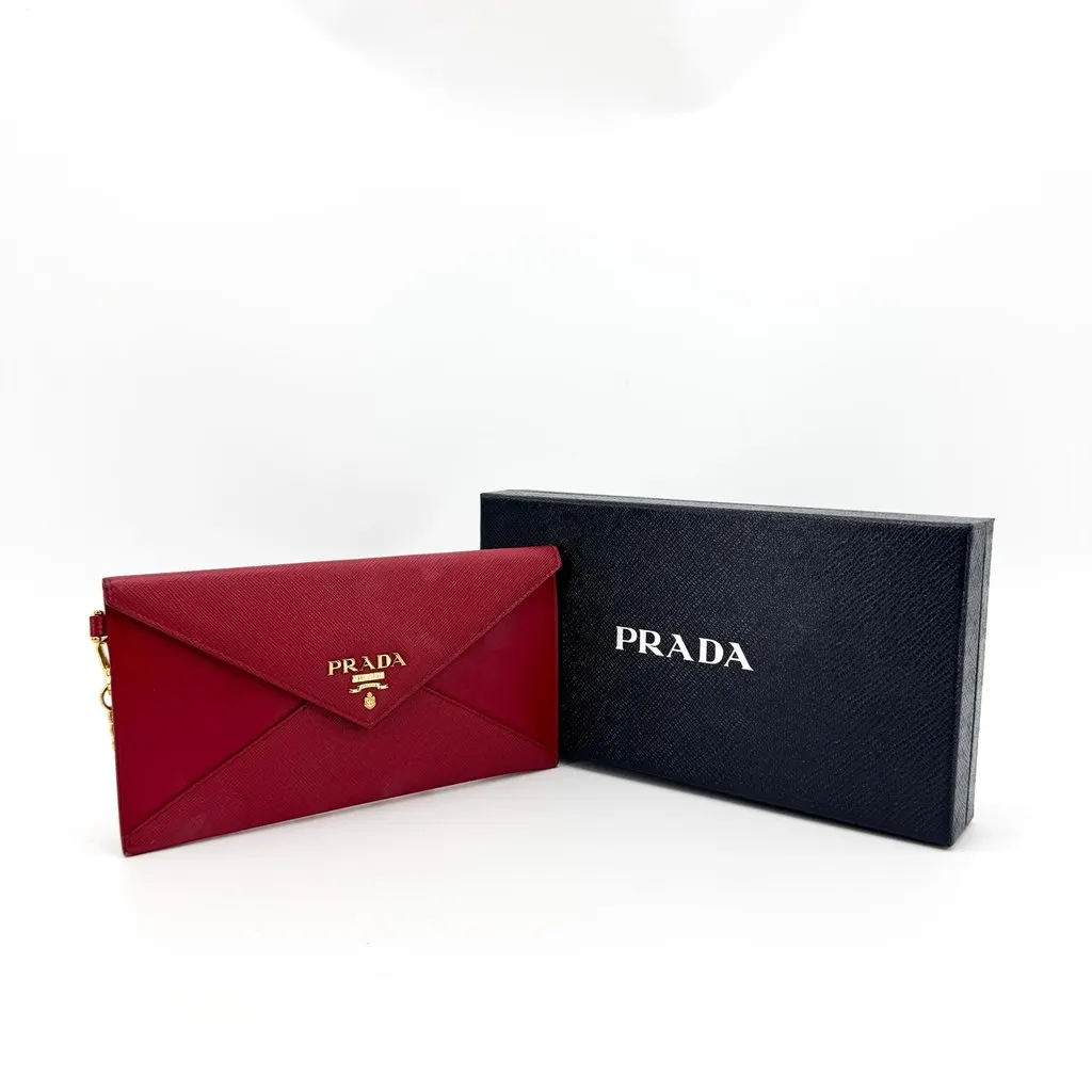 Prada Saffiano Envelope Long Wallet Red Gold Red Leather Good - Back View