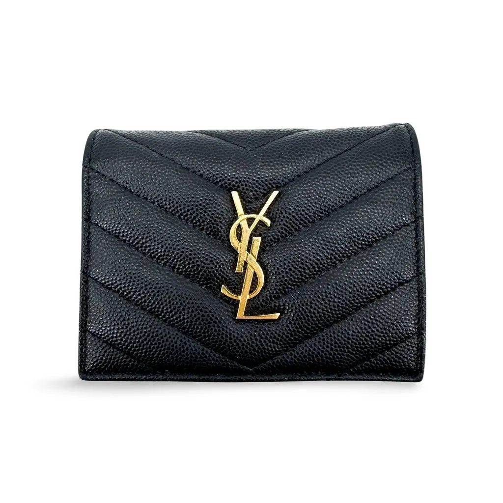 Saint Laurent Monogram Small Envelope Wallet Caviar Gold Black Black Leather Very good - Front View