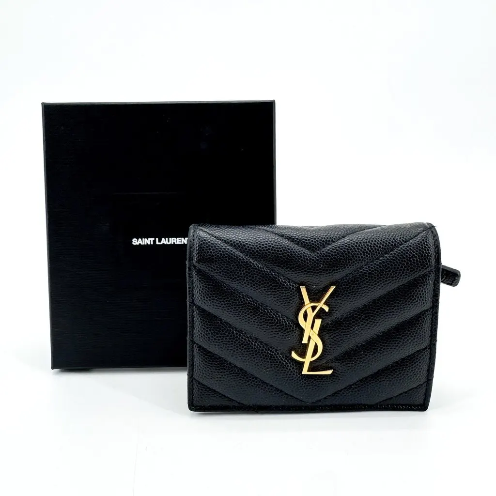 Saint Laurent Monogram Small Envelope Wallet Caviar Gold Black Black Leather Very good - Back View