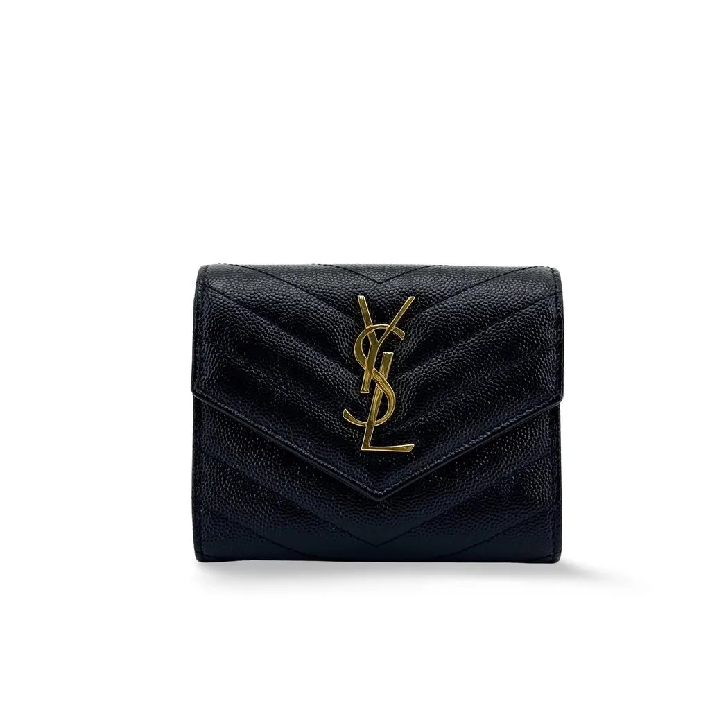 Saint Laurent Monogram Envelope Compact Wallet Black Gold Hardware Black Leather Very good - Front View
