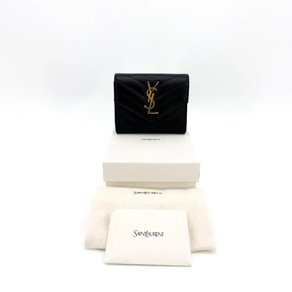 Saint Laurent Monogram Envelope Compact Wallet Black Gold Hardware Black Leather Very good - Back View