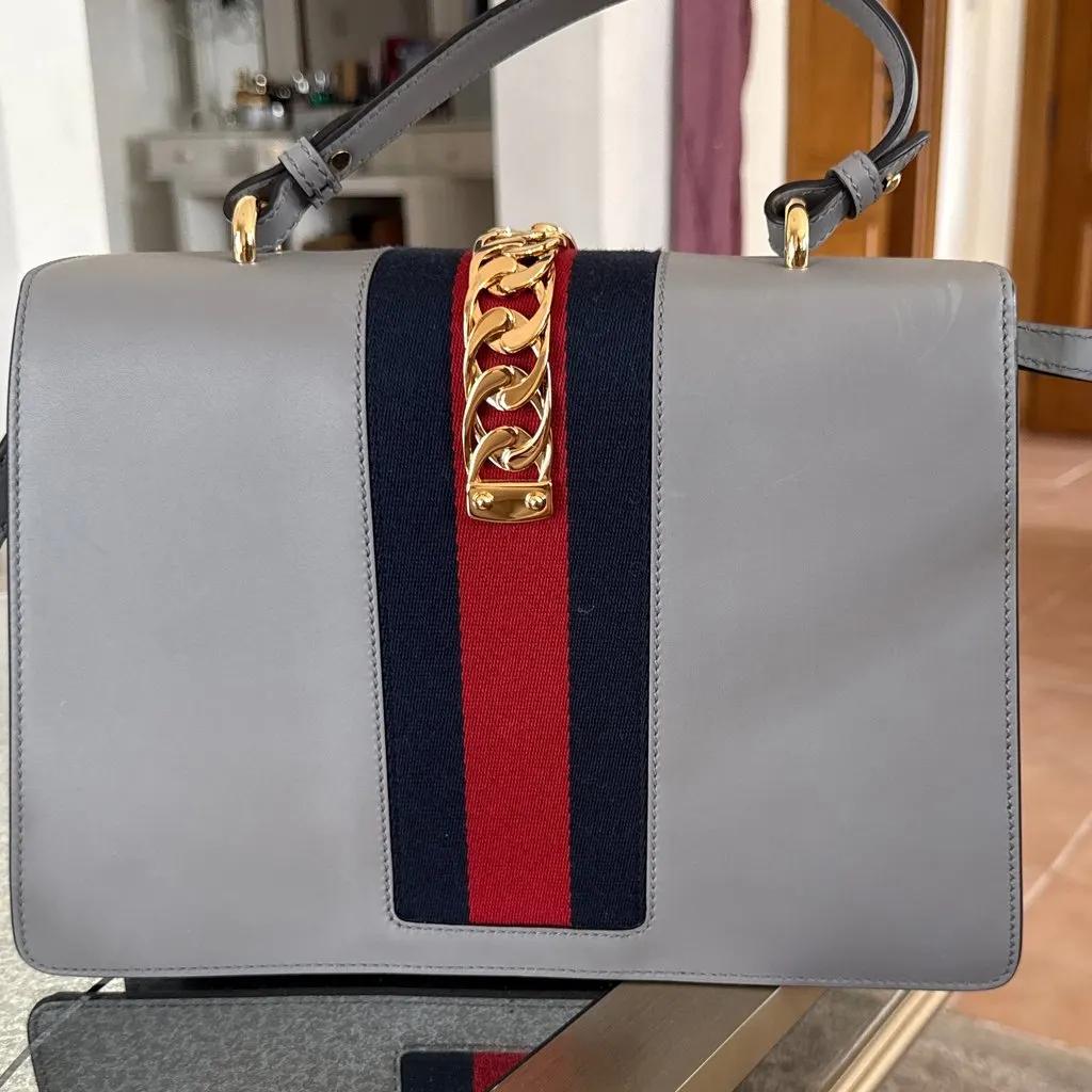 Gucci Sylvie Medium Top Handle Bag  Grey Floral Sequin Grey Leather Never worn - Back View