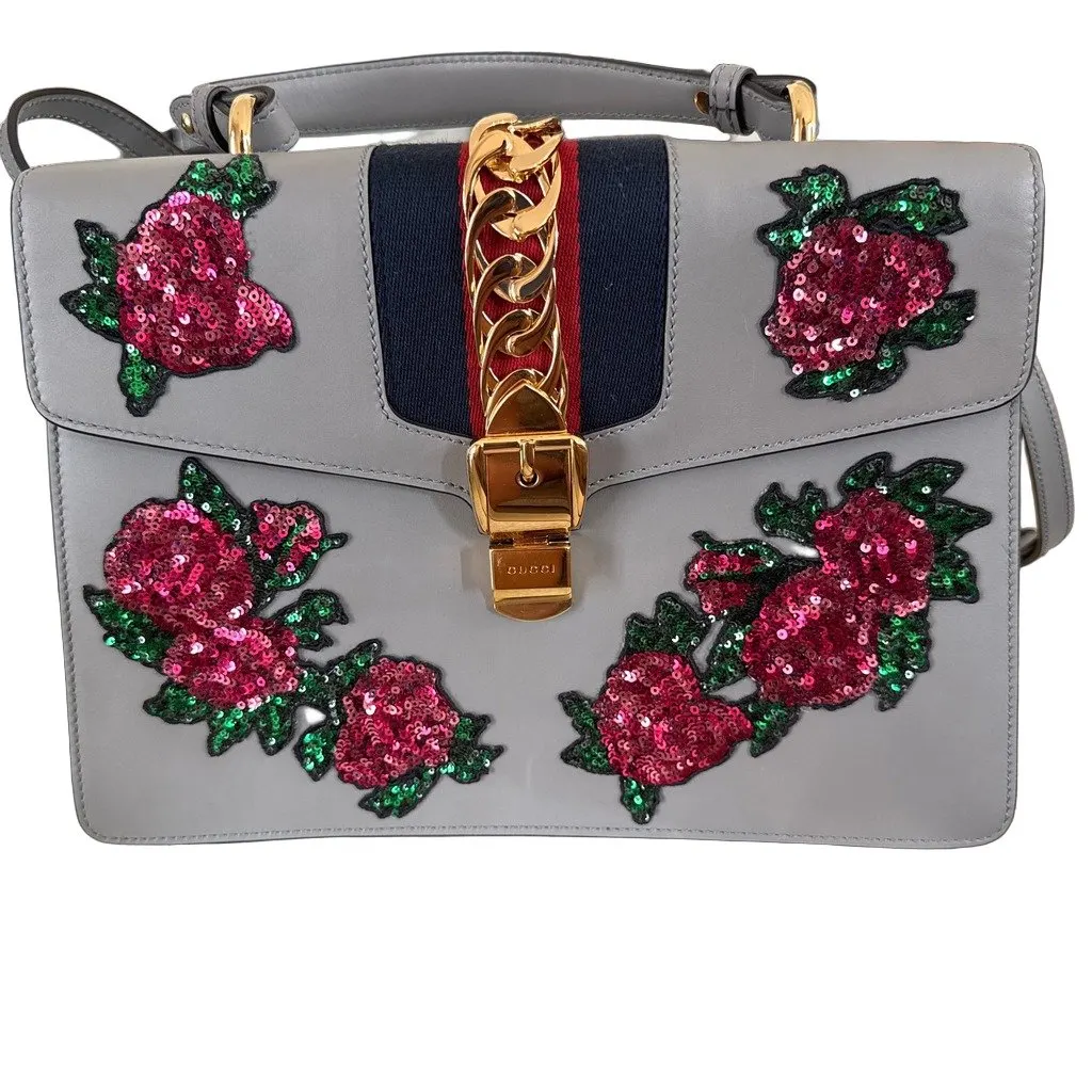 Gucci Sylvie Medium Top Handle Bag Grey Floral Sequin Grey Leather Never worn - Front View