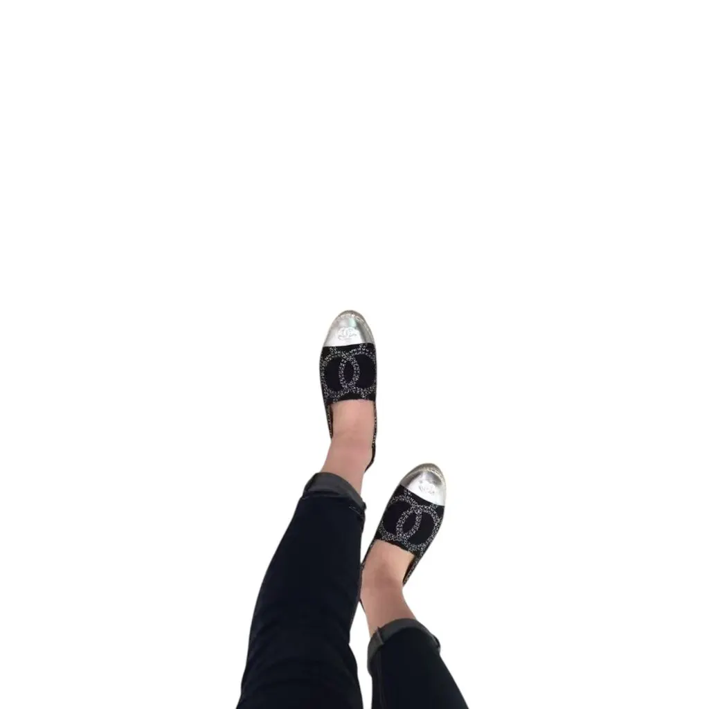 Chanel Chanel Metallic Lambskin Tweed CC Espadrilles 38 Black Silver Black Tweed Good - Back View