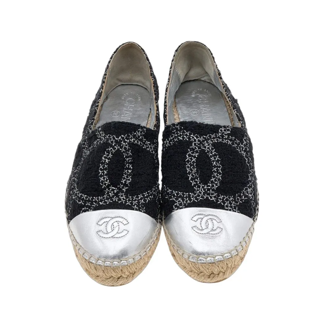 Chanel Chanel Metallic Lambskin Tweed CC Espadrilles 38 Black Silver