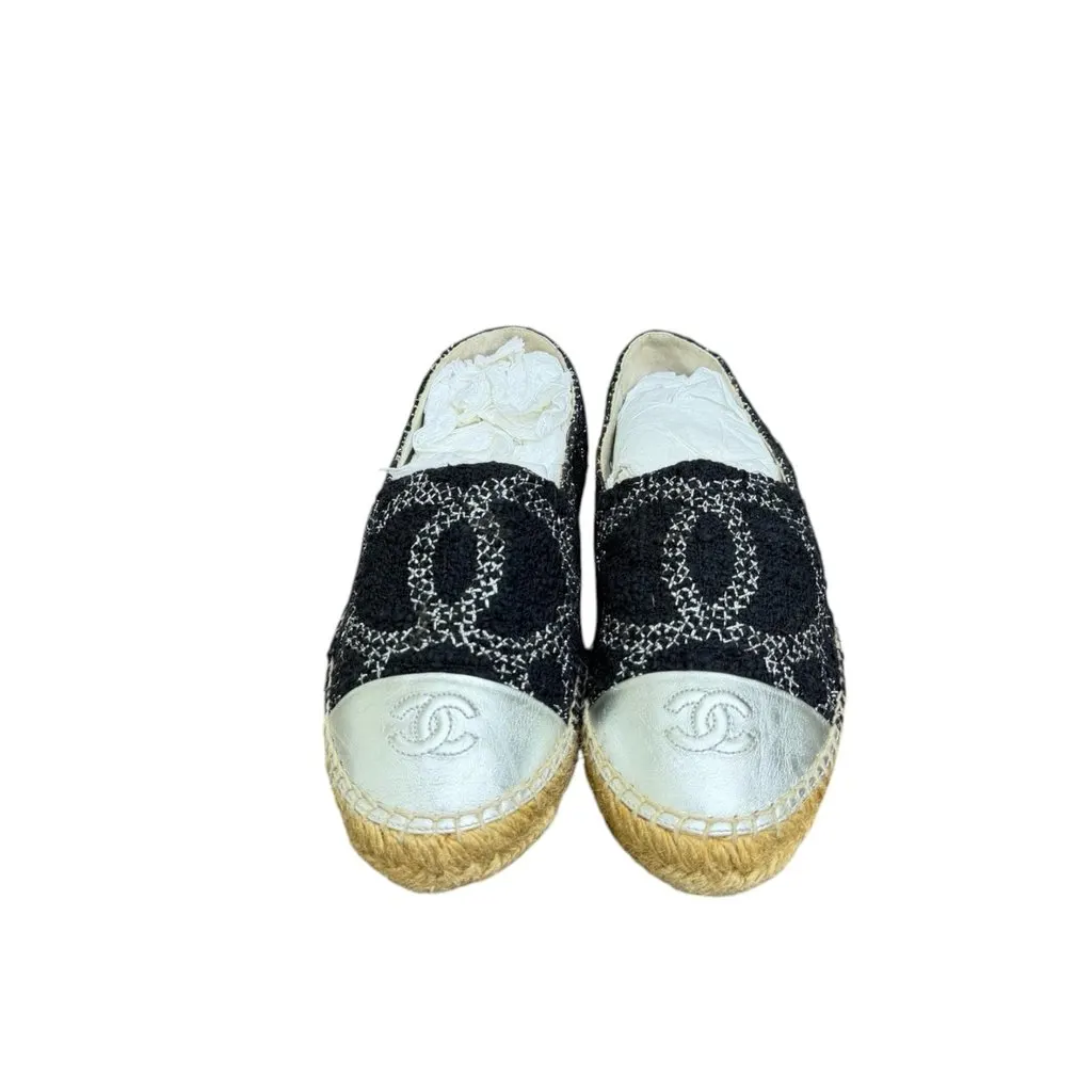 Chanel Chanel Metallic Lambskin Tweed CC Espadrilles 38 Black Silver Black Tweed Good - Inside View