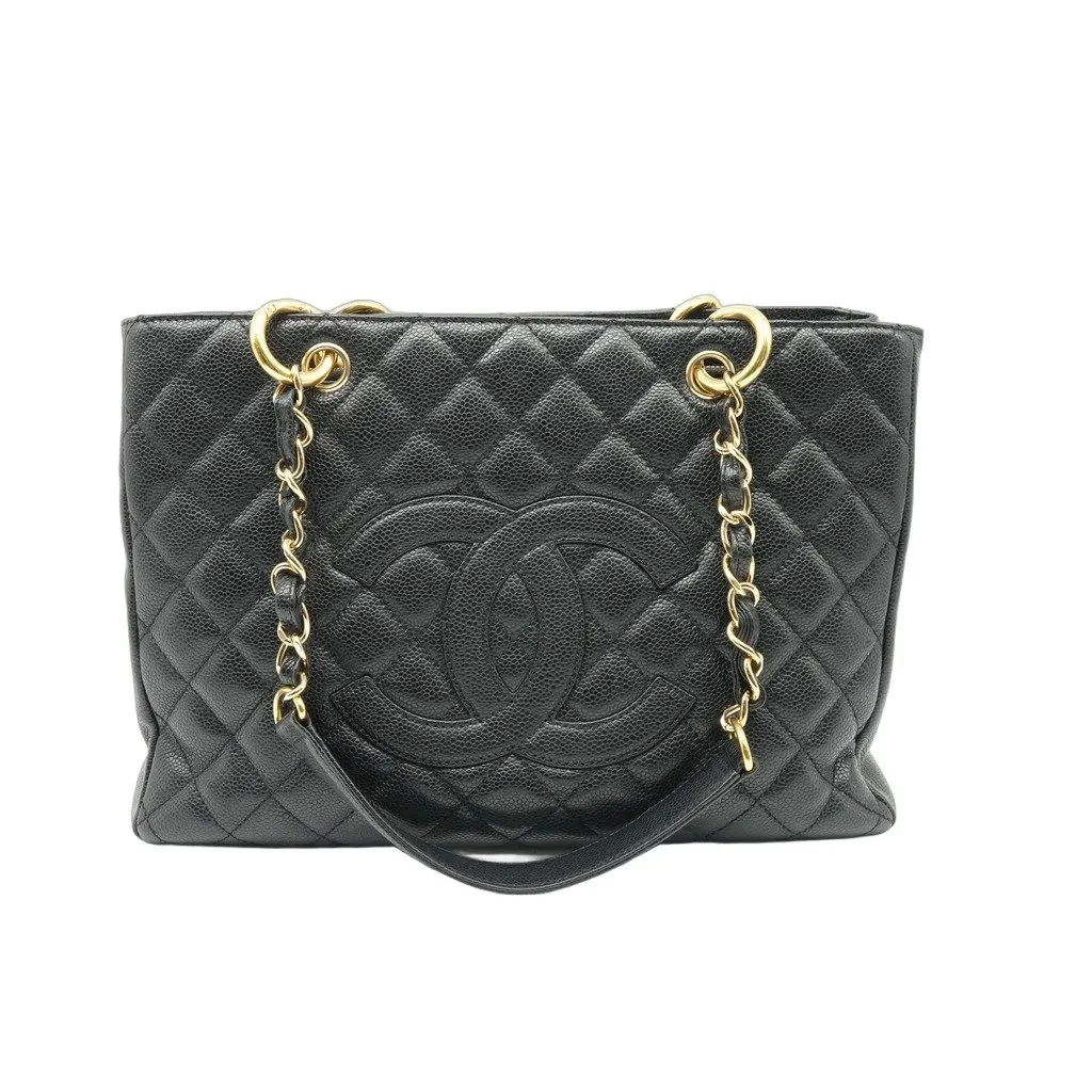 Chanel Grand Shopping Tote Black Leather Gold Hardware Black Leather Good - Front View