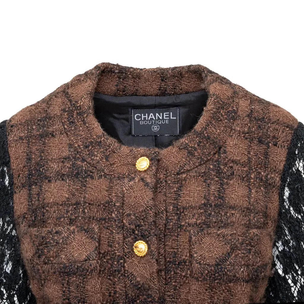 Chanel Tweed and Lace Jacket - '90s Black Tweed Good - Model View