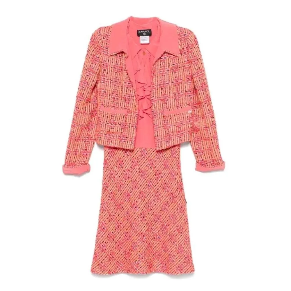 Chanel Pink Wool Jacket and Dress Suit - 2000s Pink Wool Good - Front View