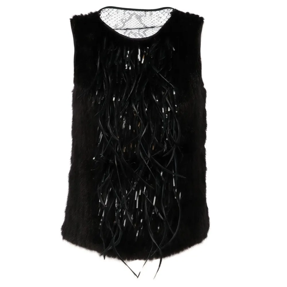 Gucci Black Mink and Lace Sleeveless Top - 2000s Black Lace Good - Front View