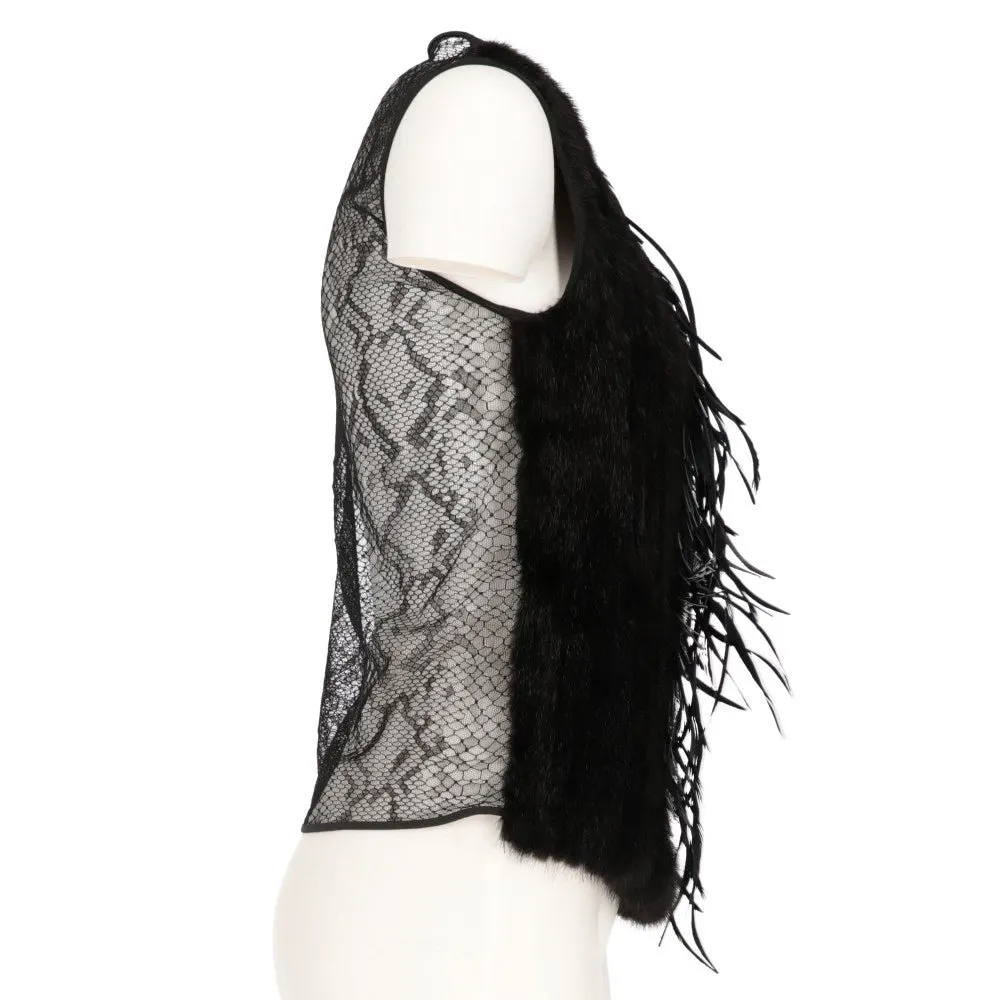 Gucci Black Mink and Lace Sleeveless Top - 2000s Black Lace Good - Inside View