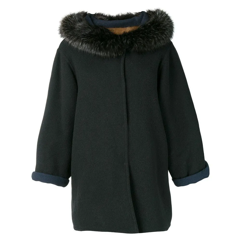 Unsigned Blue Wool and Fox Fur Coat - '80s Blue Wool Good - Front View