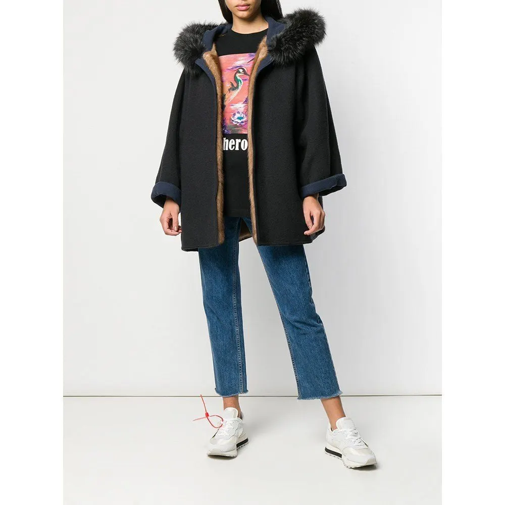 Unsigned Blue Wool and Fox Fur Coat - '80s Blue Wool Good - Back View
