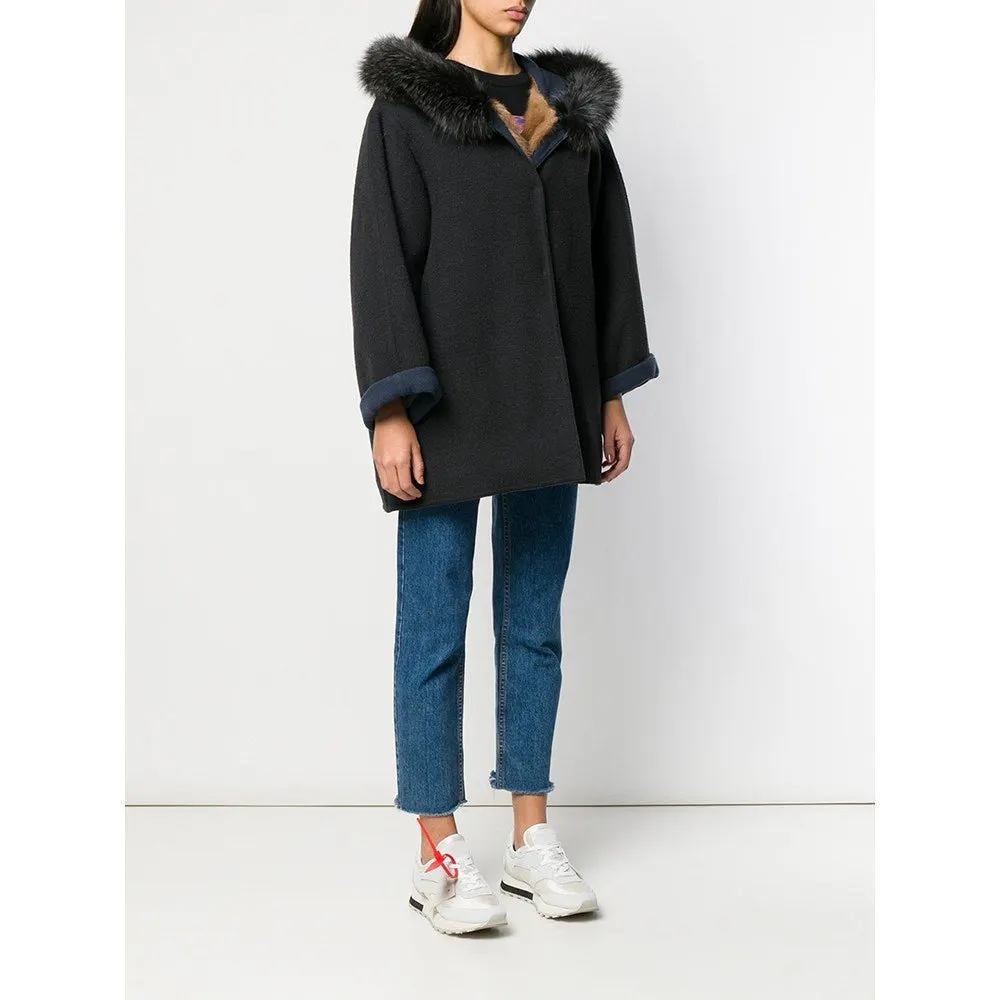 Unsigned Blue Wool and Fox Fur Coat - '80s Blue Wool Good - Inside View