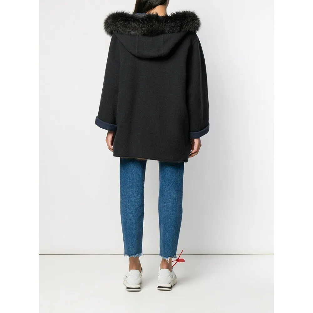 Unsigned Blue Wool and Fox Fur Coat - '80s Blue Wool Good - Model View